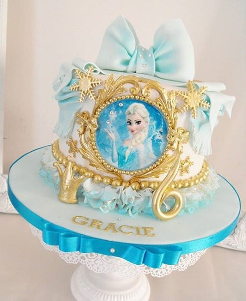 Gold and Blue Ribbon Elsa Frozen Birthday Cake