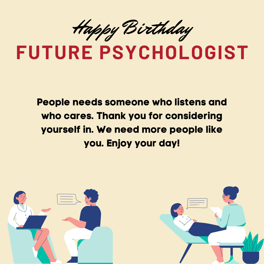 Birthday greeting for aspiring psychologist with character designs.