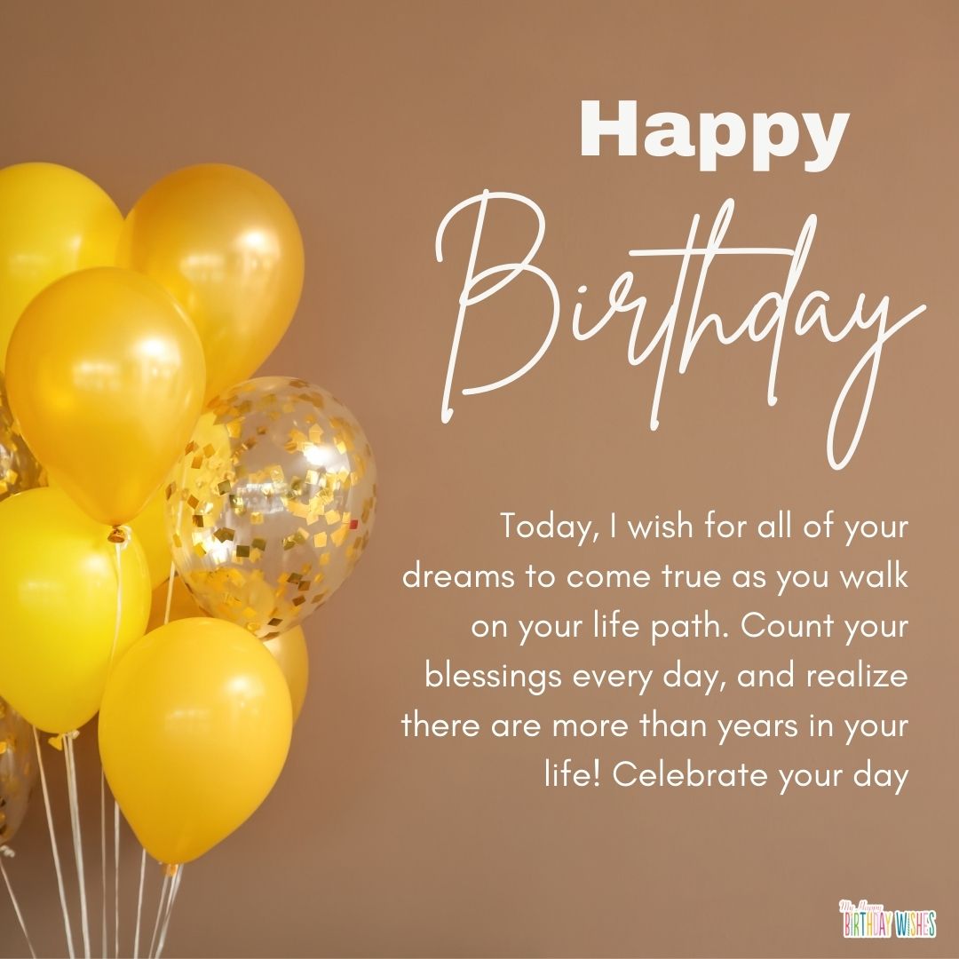 long birthday message with balloons and brown background