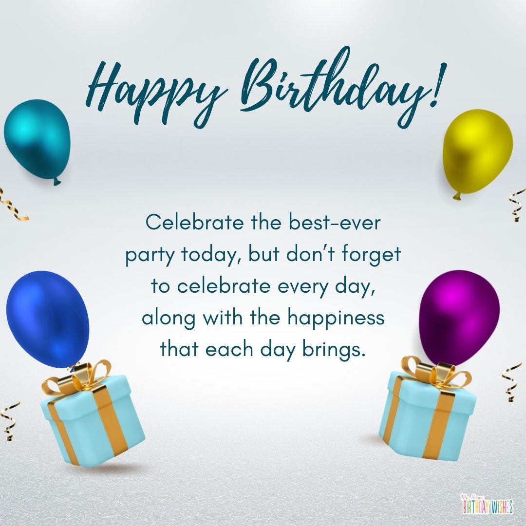 birthday wish about best birthday party ever with balloons, gifts, and confetti designs