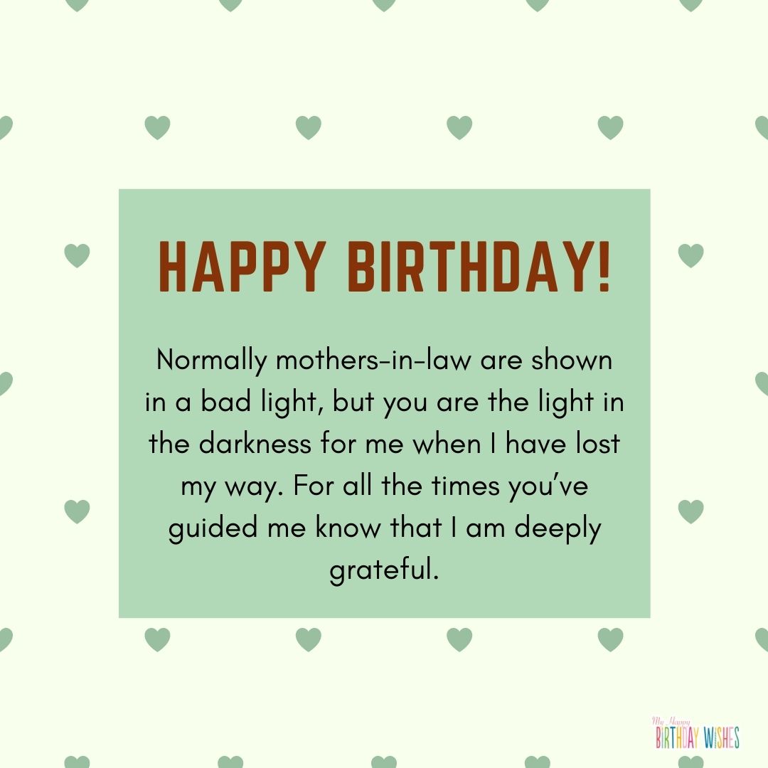 birthday wish card for mother in law with hearts and green themed design