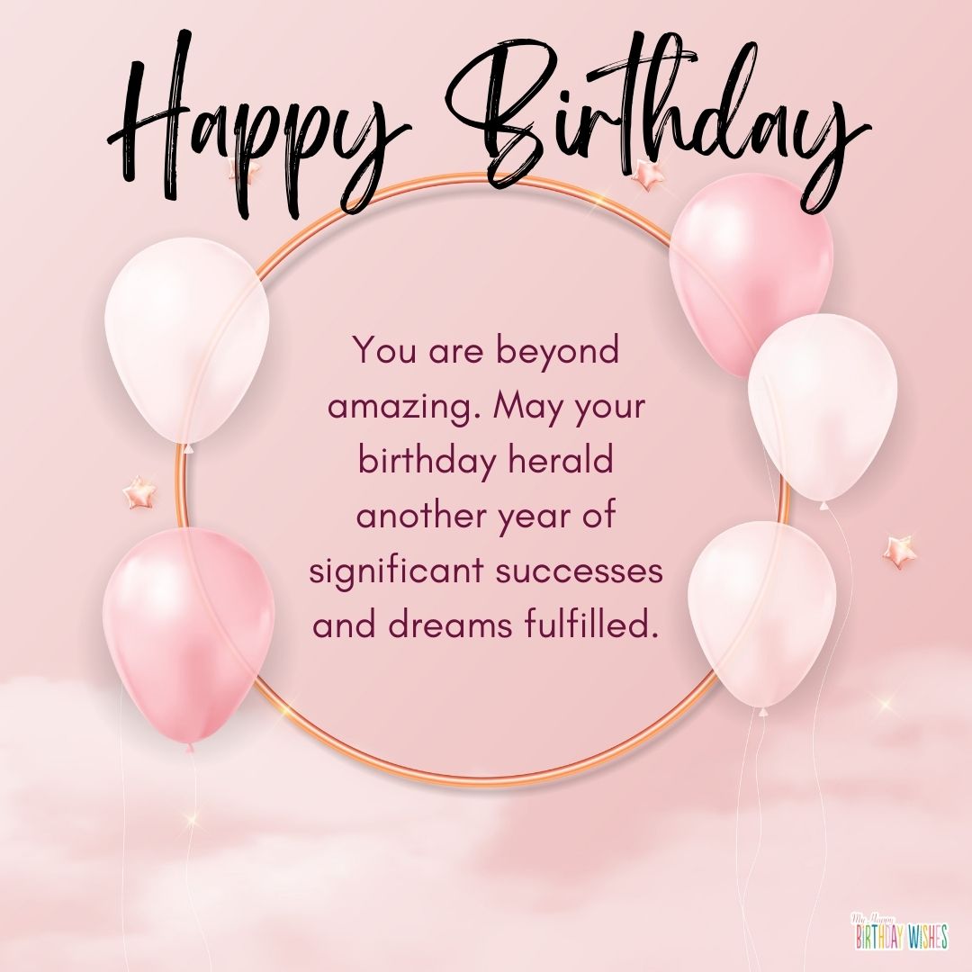 wishing success on life, pink themed birthday card design with balloons