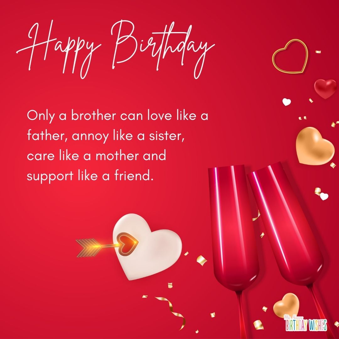 brotherly love birthday greetings with glass and hearts red design