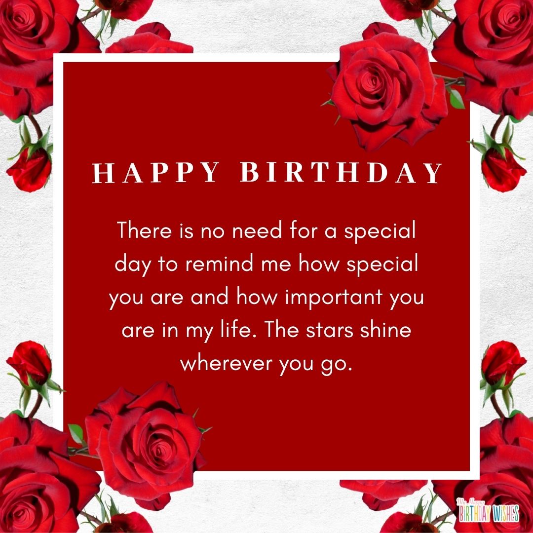for special someone birthday greetings with short and sweet message with roses and red themed design