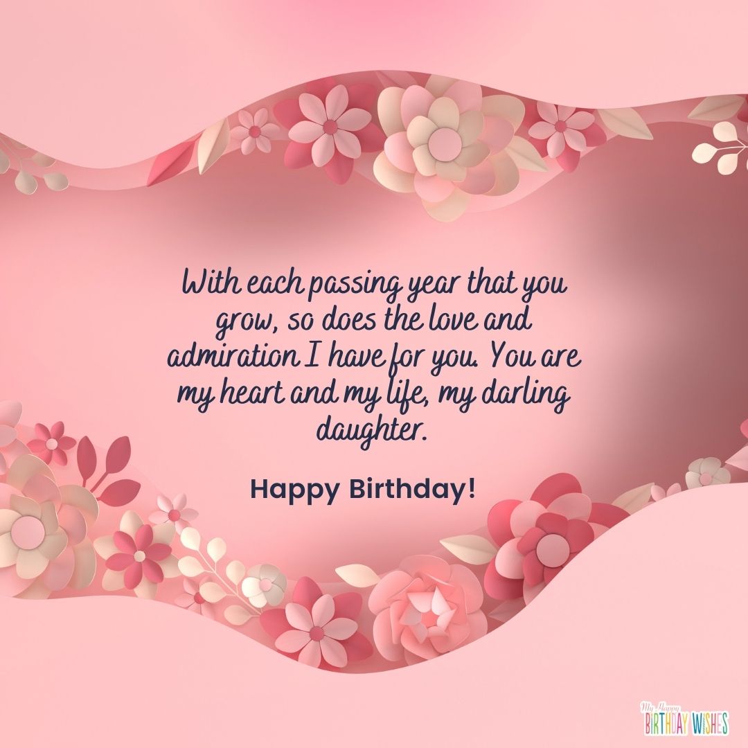 pink themed birthday card for daughter with paper flowers design
