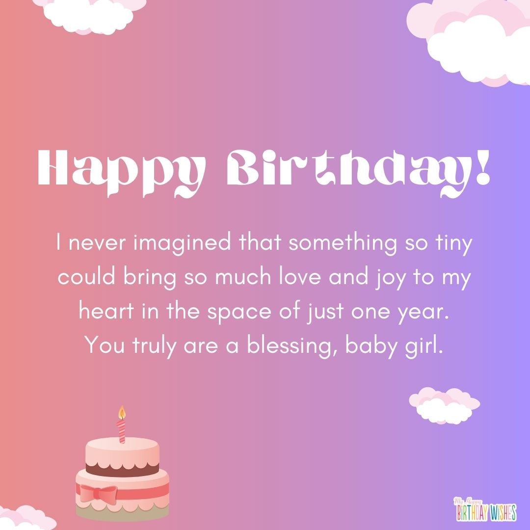 birthday greetings for little girl with gradient pink-violet gradient, clouds, and cake designs