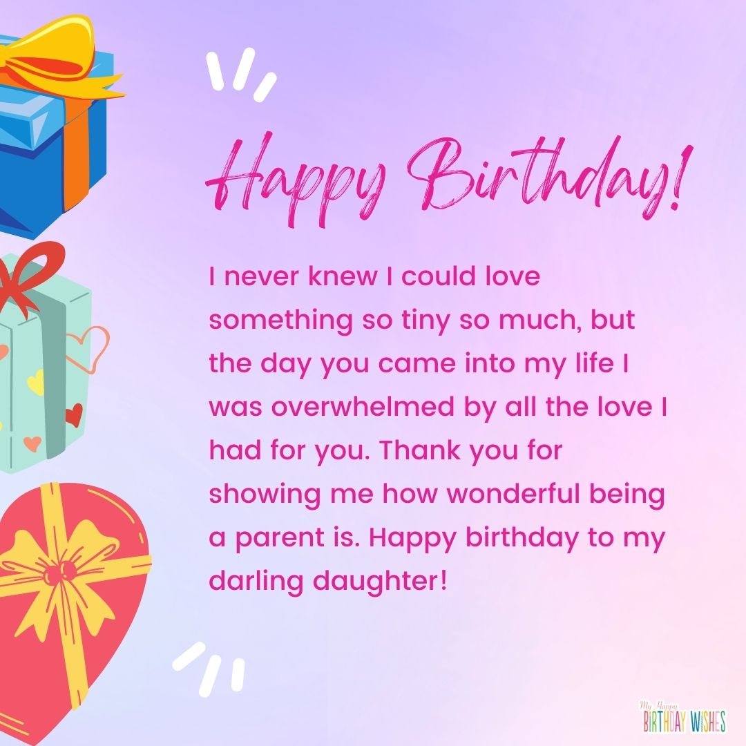 long birthday message for daughter with gifts and gradient themed design