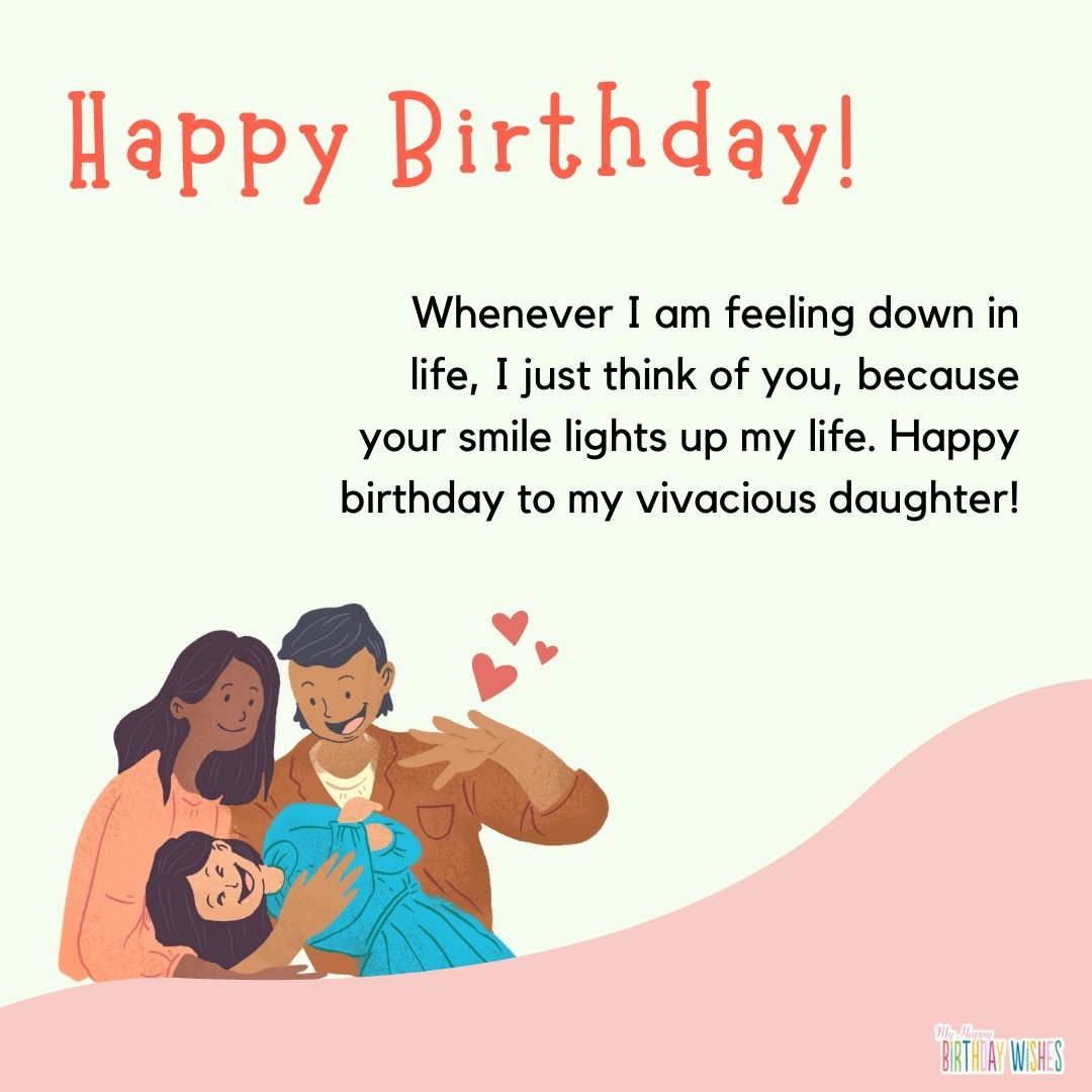 father sweet birthday message to daughter's birthday with family isometric characters on birthday card
