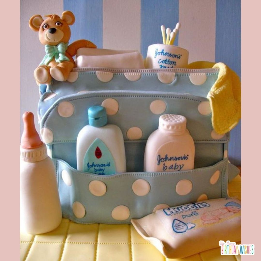 unique christening cake with baby essentials design