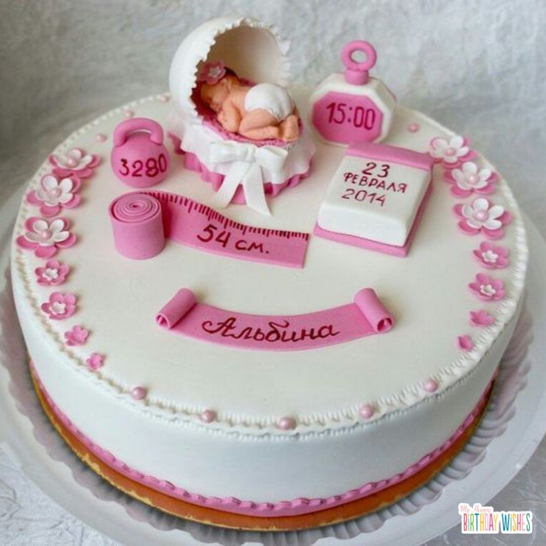 minimal christening cake for girls with baby measuring tape, little baby, and flowers
