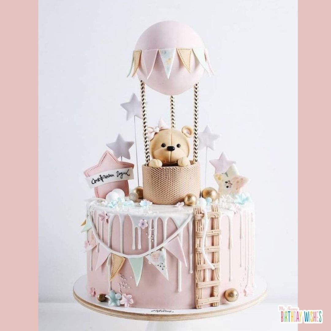 teddy bear design christening cake with hot air balloon