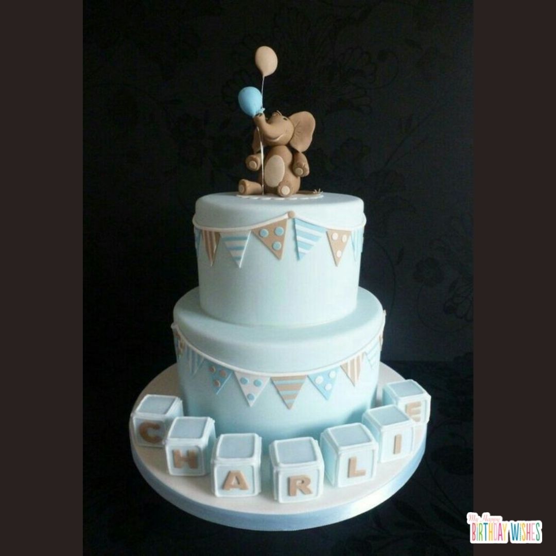 minimal blue and elephant themed christening cake