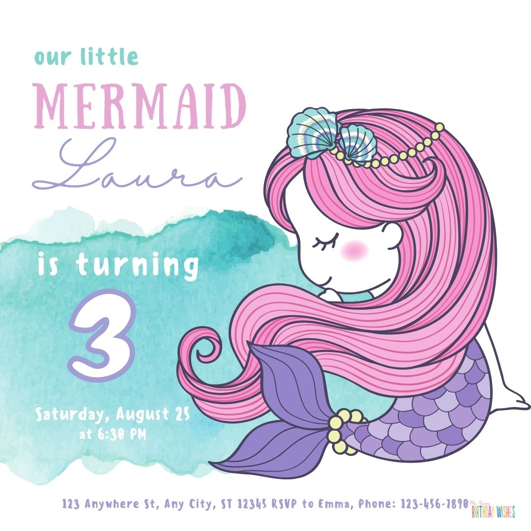 for 3 years old invitation card with mermaid