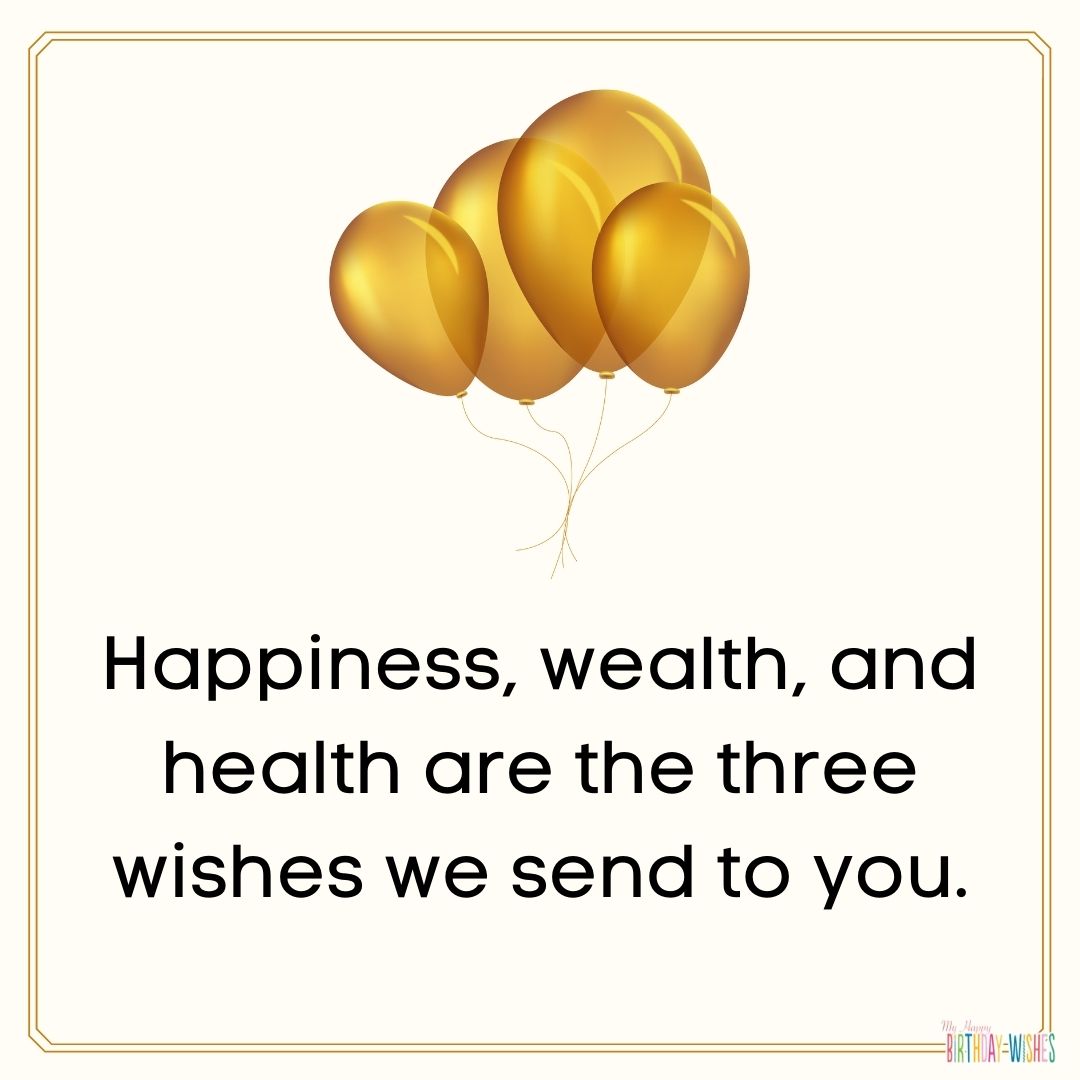 plain birthday wish card with balloons, wishing happiness, wealth, and health