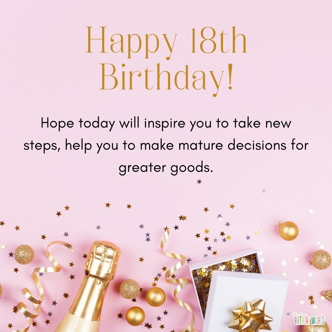 inspiring 18th birthday card with wishes, wine and gold gifts theme design