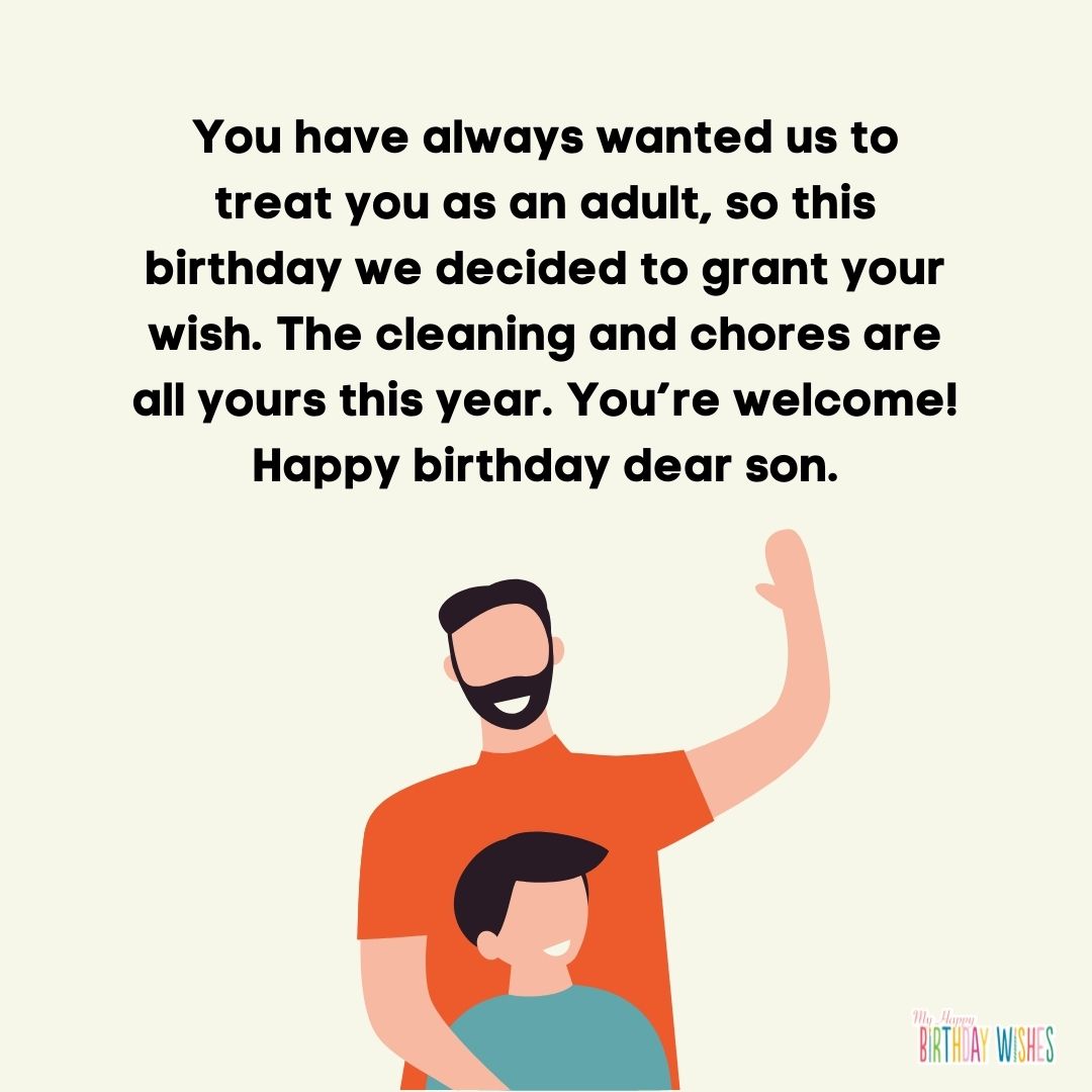 birthday greetings about granting wish to son with father-son character icon