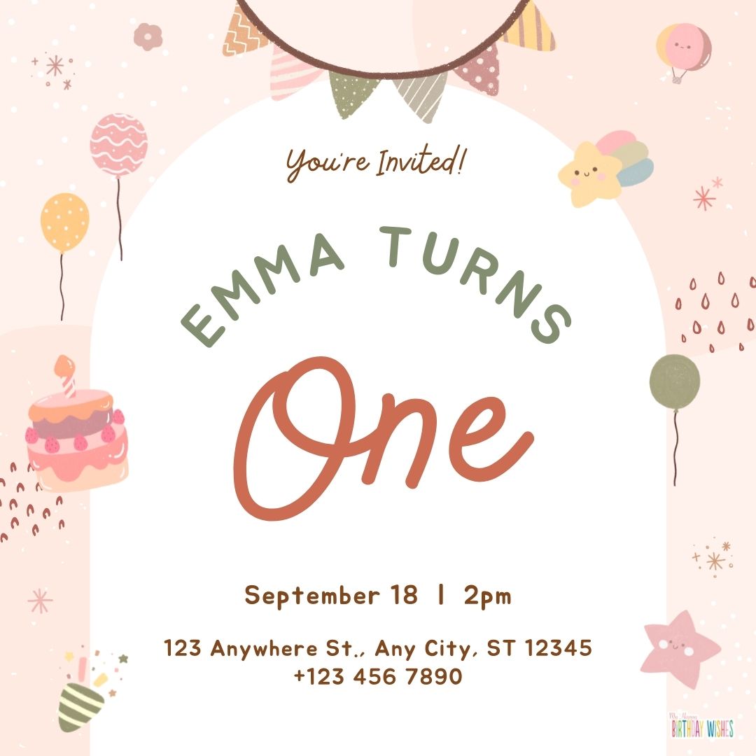 for 1 year old birthday invitation card with cakes, balloons, and poppers