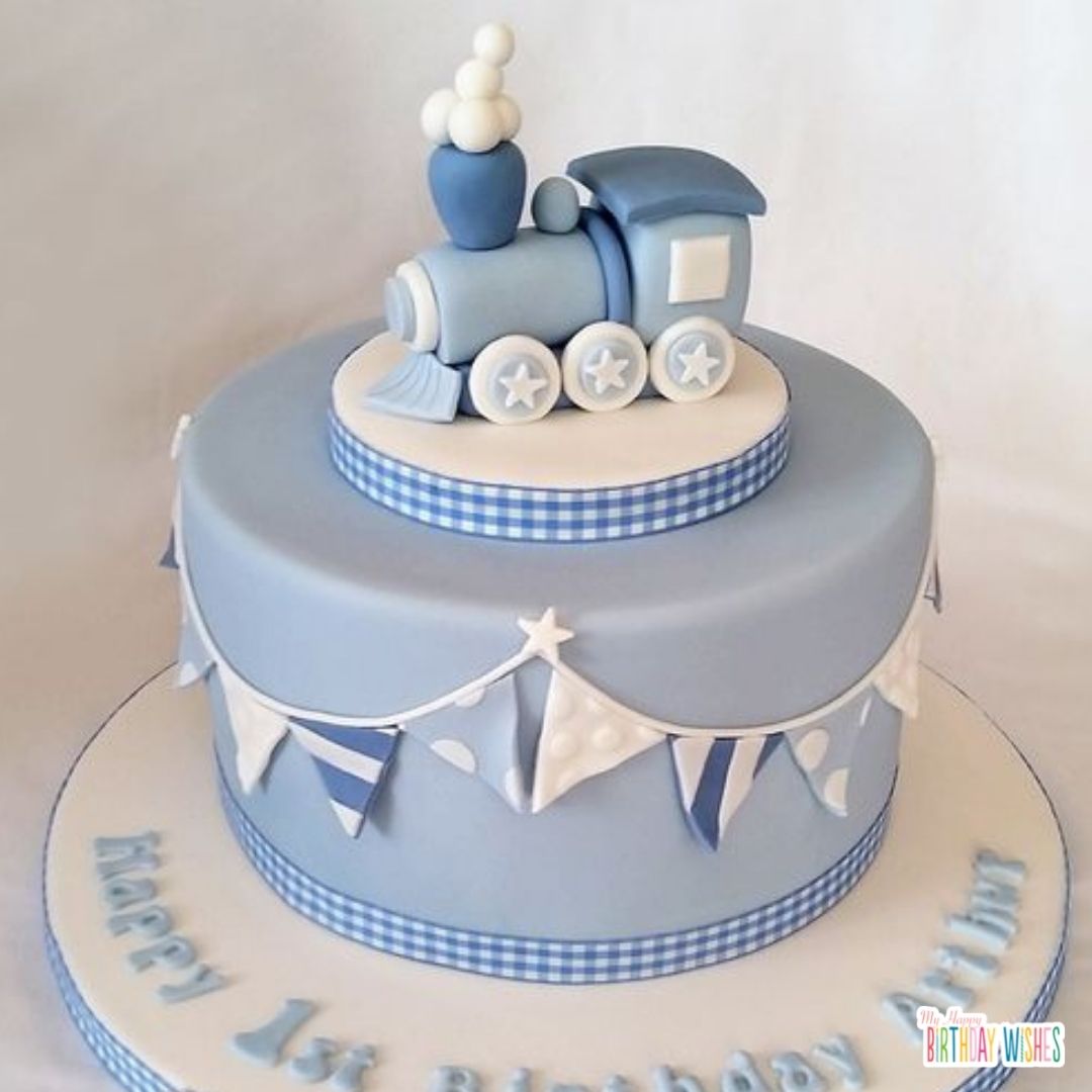for boys christening cake with train on top design