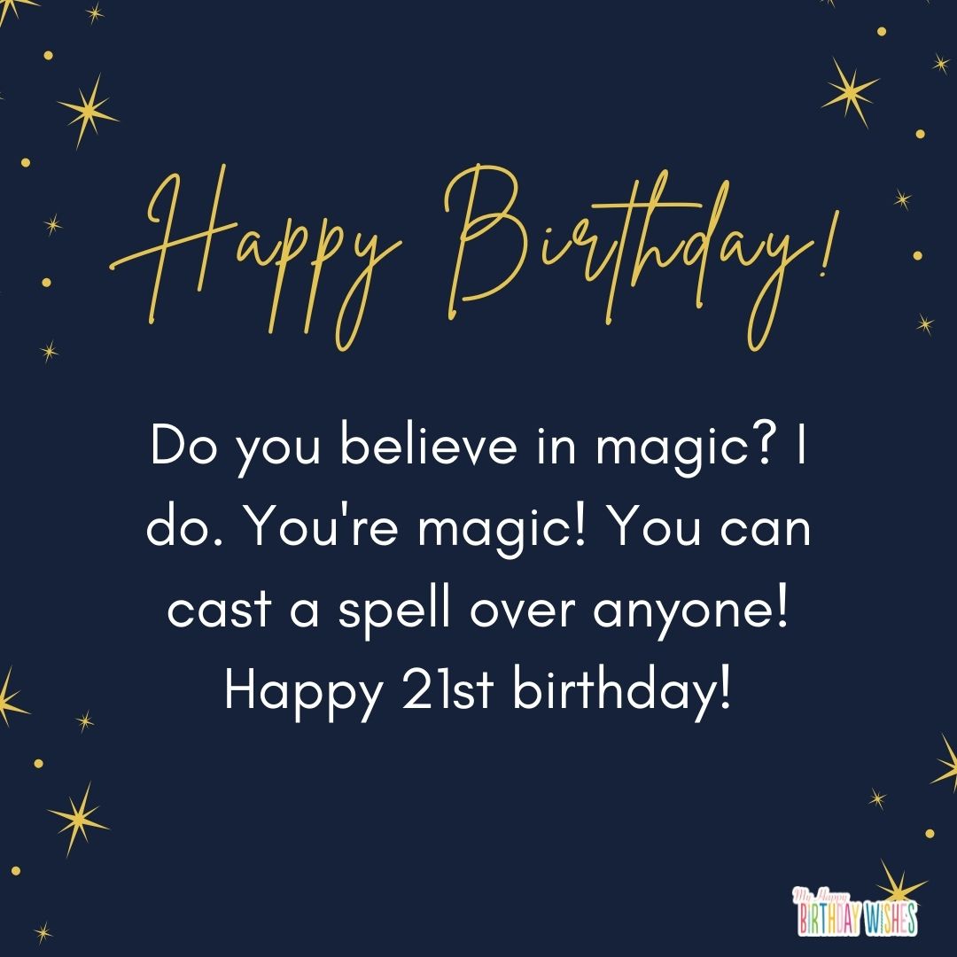gold and blue theme card for 21st birthday with wishes