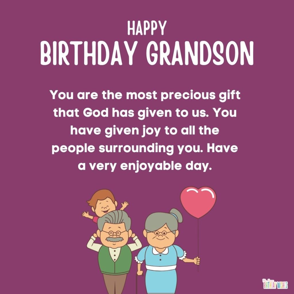 for a joyful grandson birthday card with birthday wish and grandparents and grandson isometric characters