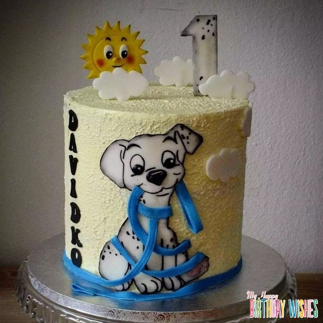 2D Animated Dalmatian Cake - a dog cake with sun and clouds top design. 