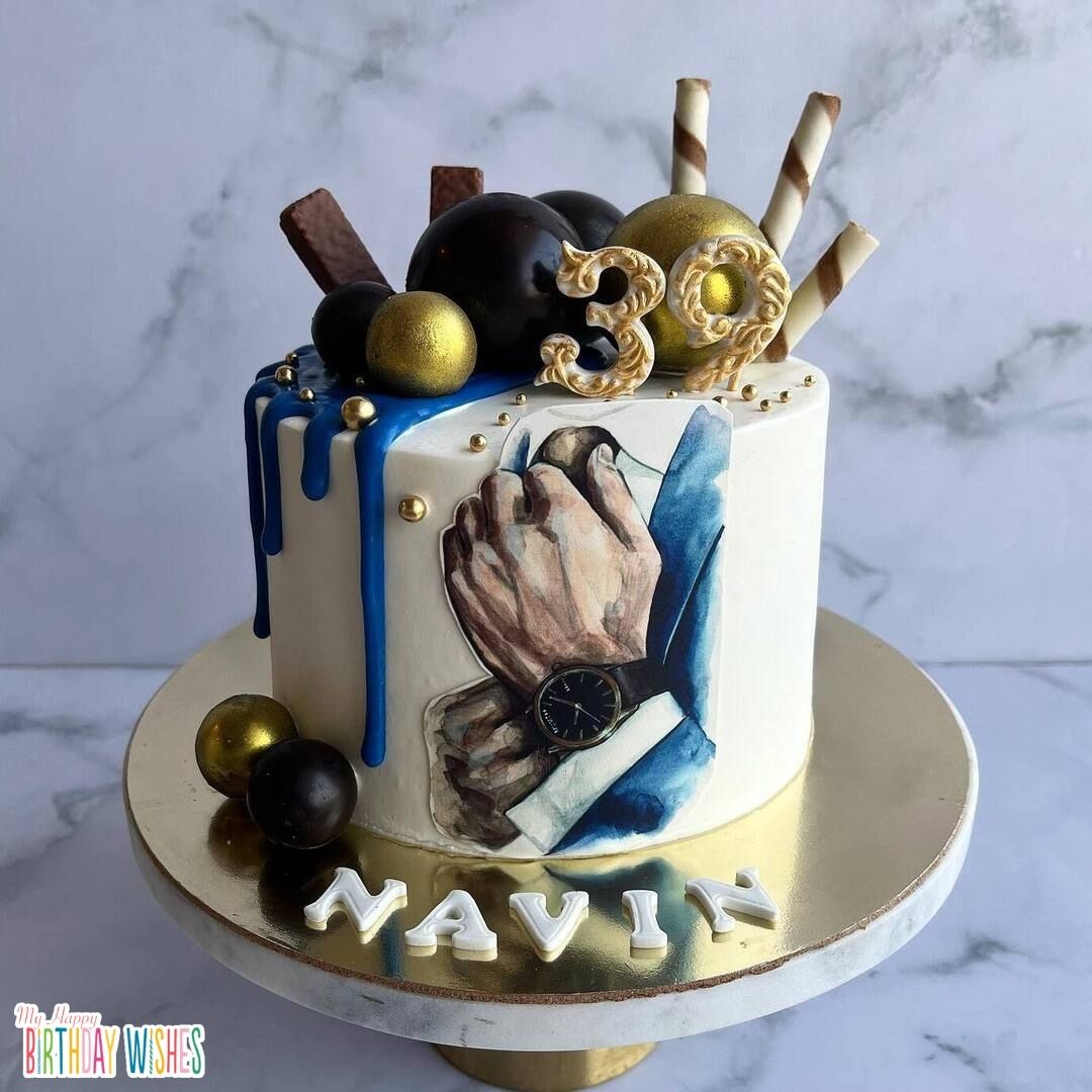 39th Birthday Cake - is a cake for Navin on his 39th birthday with blue drip on side.
