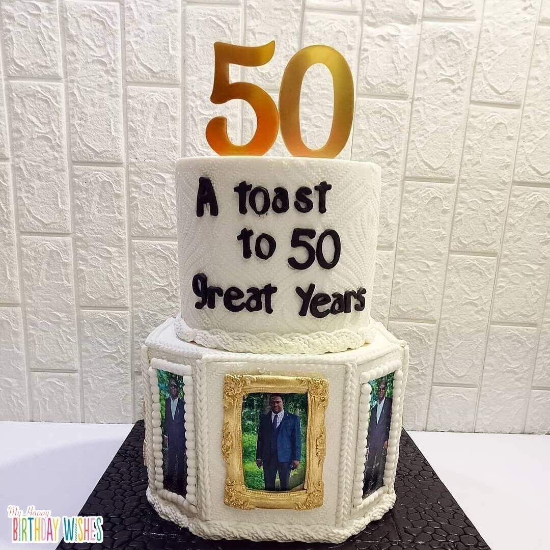50th Tier Cake in two layers with picture of the celebrant on it.