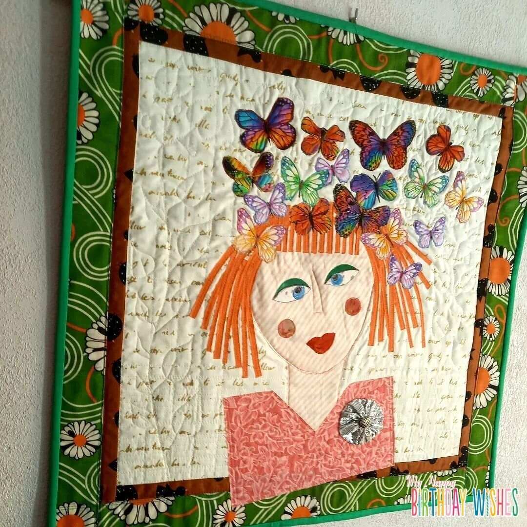 Abstract Women with Butterflies Patchwork in bright colors, boarded in green floral.
