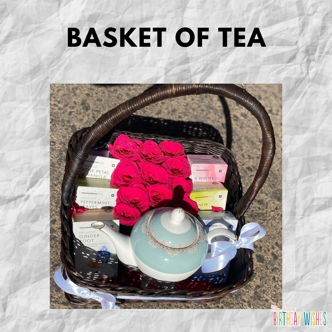 Ratan Basket of Tea with Small Kettle