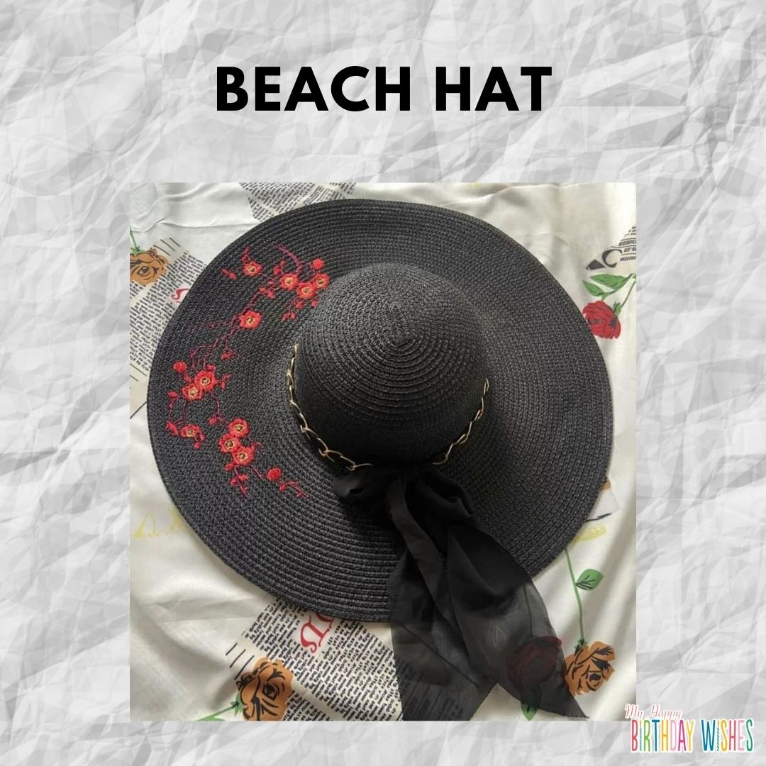 Black Beach Hat with embroidered flower