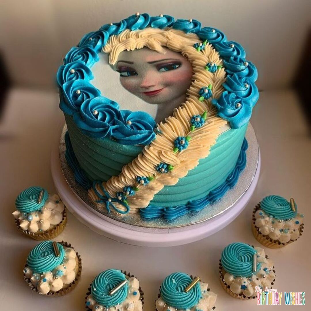 Braided Hair of Frozen Elsa Cake with small cup cakes.