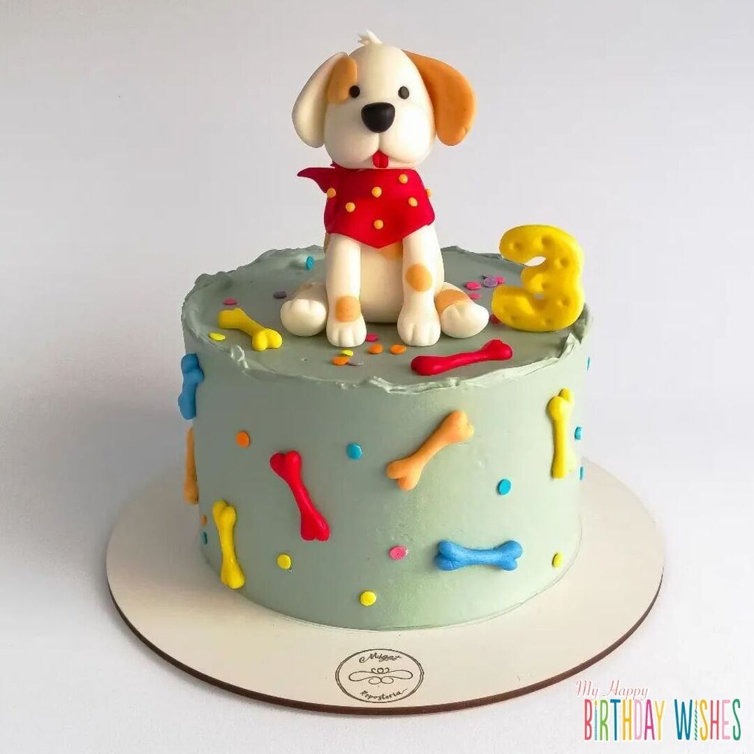 Cute Cartoon Dog Fondant Cake - a dog cake with colorful bone design and dots.