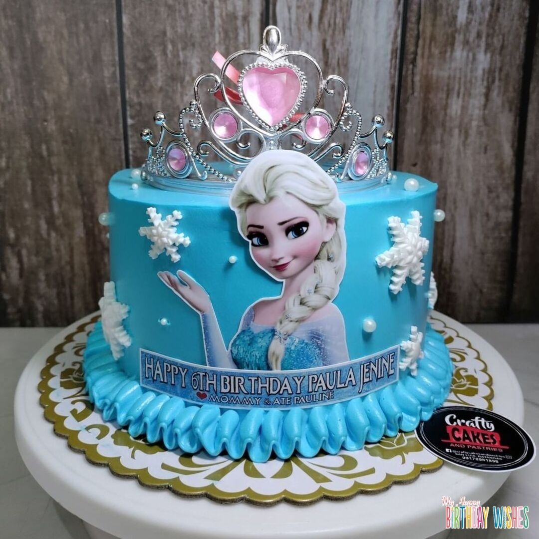 Diamond Crown Frozen Elsa Cake - with Elsa half body picture and snow flakes.