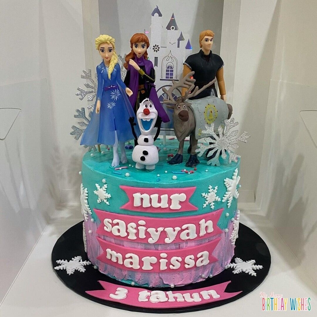 Disney Frozen Cast Fondant Cake with complete Frozen cast in fondant on top.