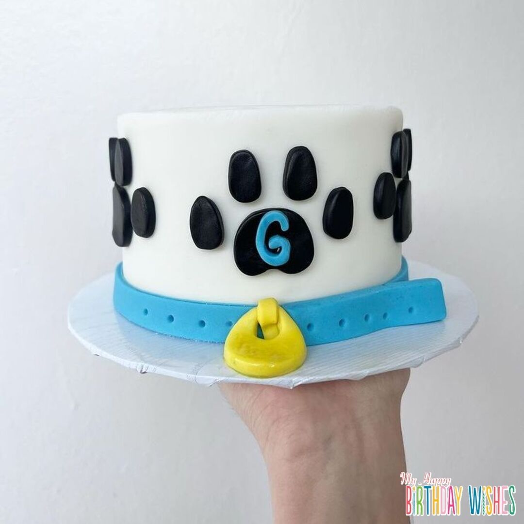 Dog Motif Cake - a white cake fondant with black paw design.