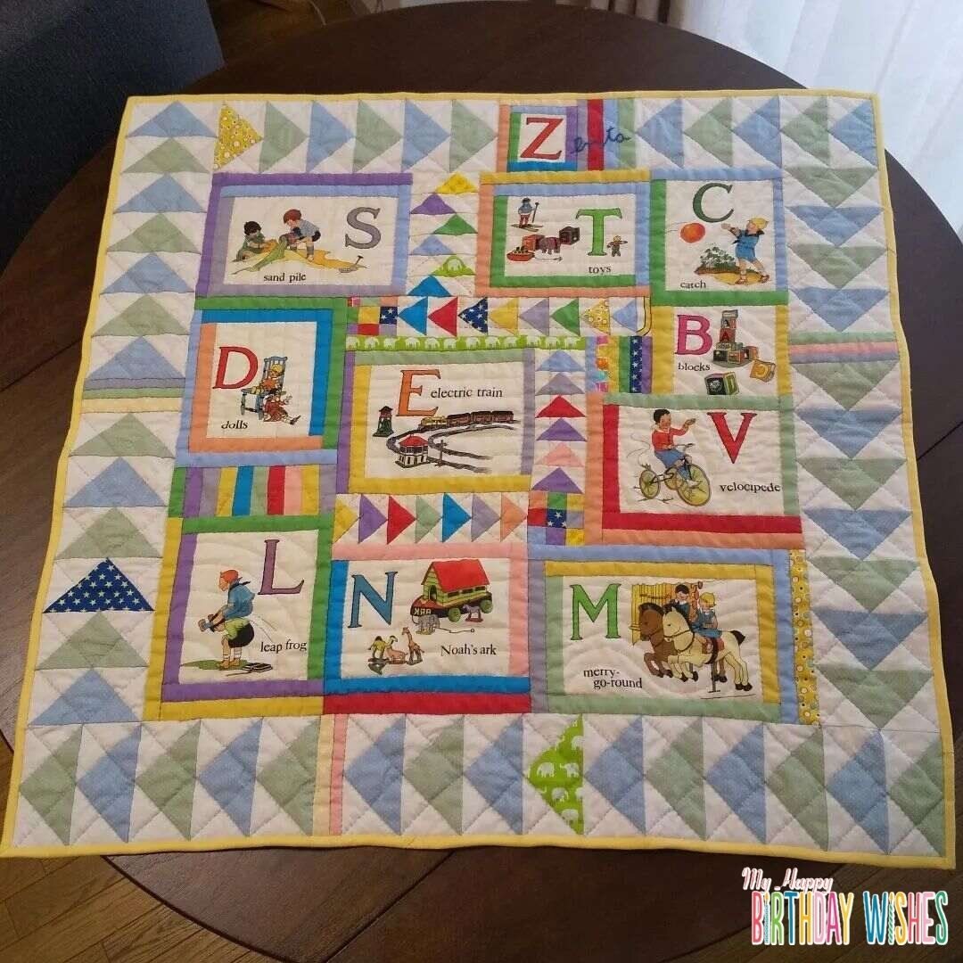 Educational Patchwork Quilt bordered with forward designs.
