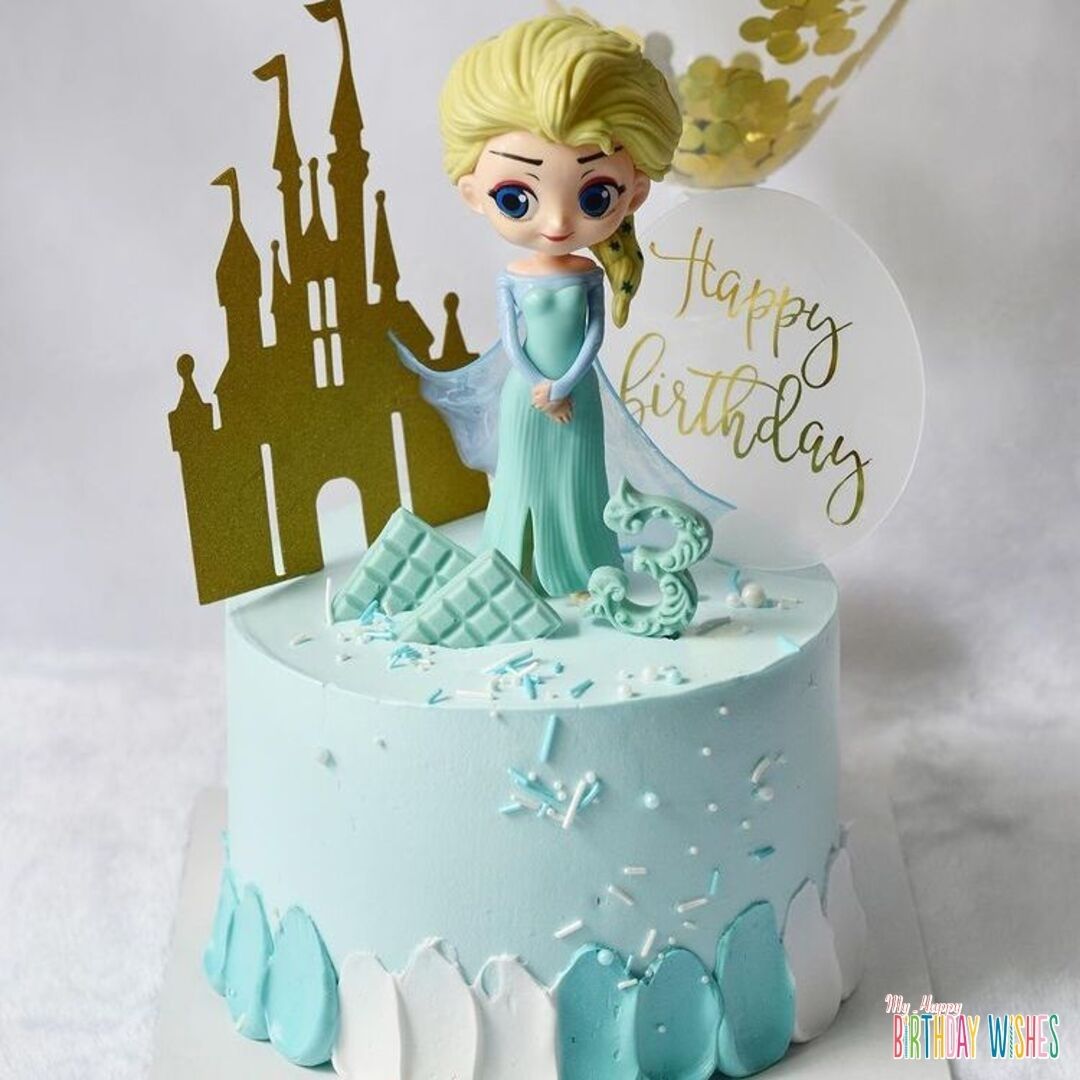 Elsa Fondant Cartoon in Pastel with castle topper and fondant elsa cartoon.