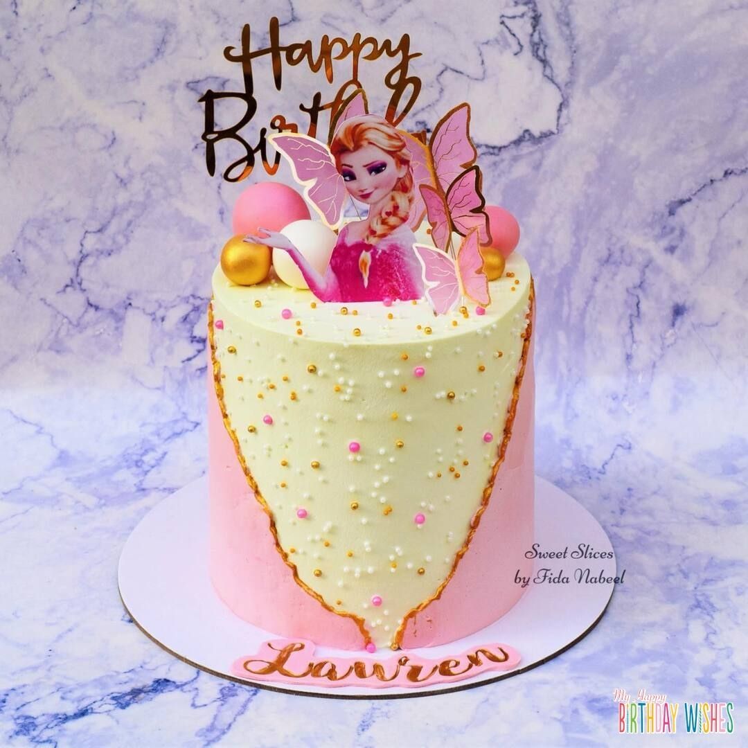 Frozen Elsa Pink Theme Cake with Elsa topper and butterfly designs on top.