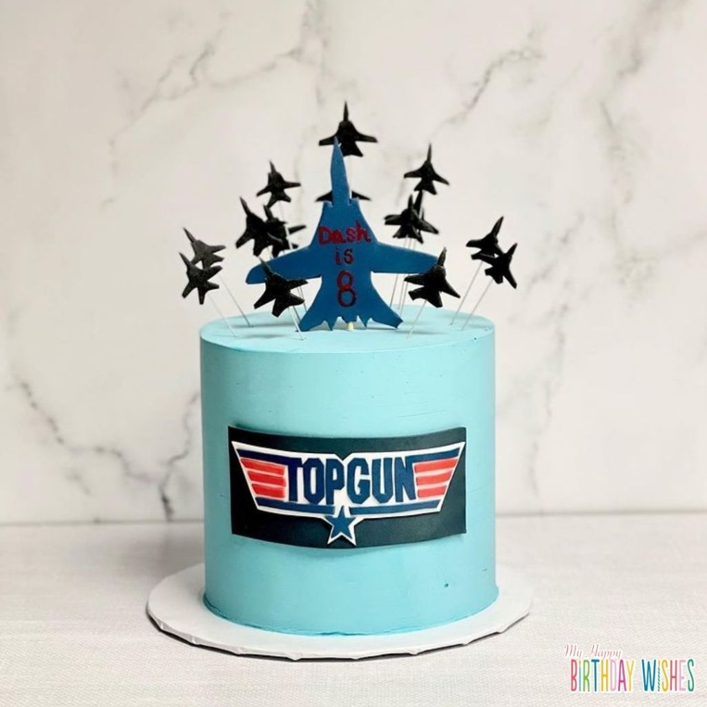 OG Top Gun Cake - aircraft icing topper in blue icing cake. 