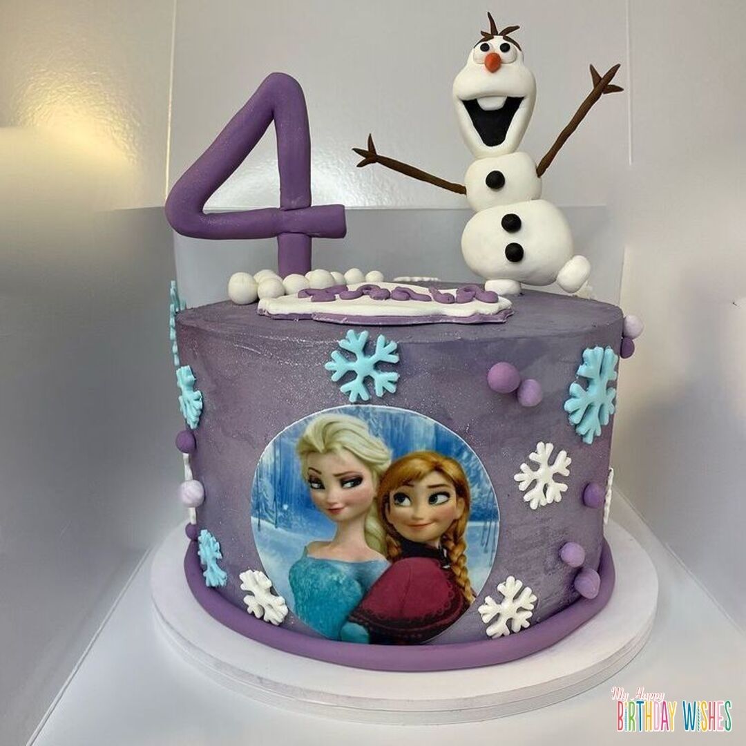 Olaf Fondant Cake in Purple Cake having picture of Elsa and Anna and number 4 fondant.