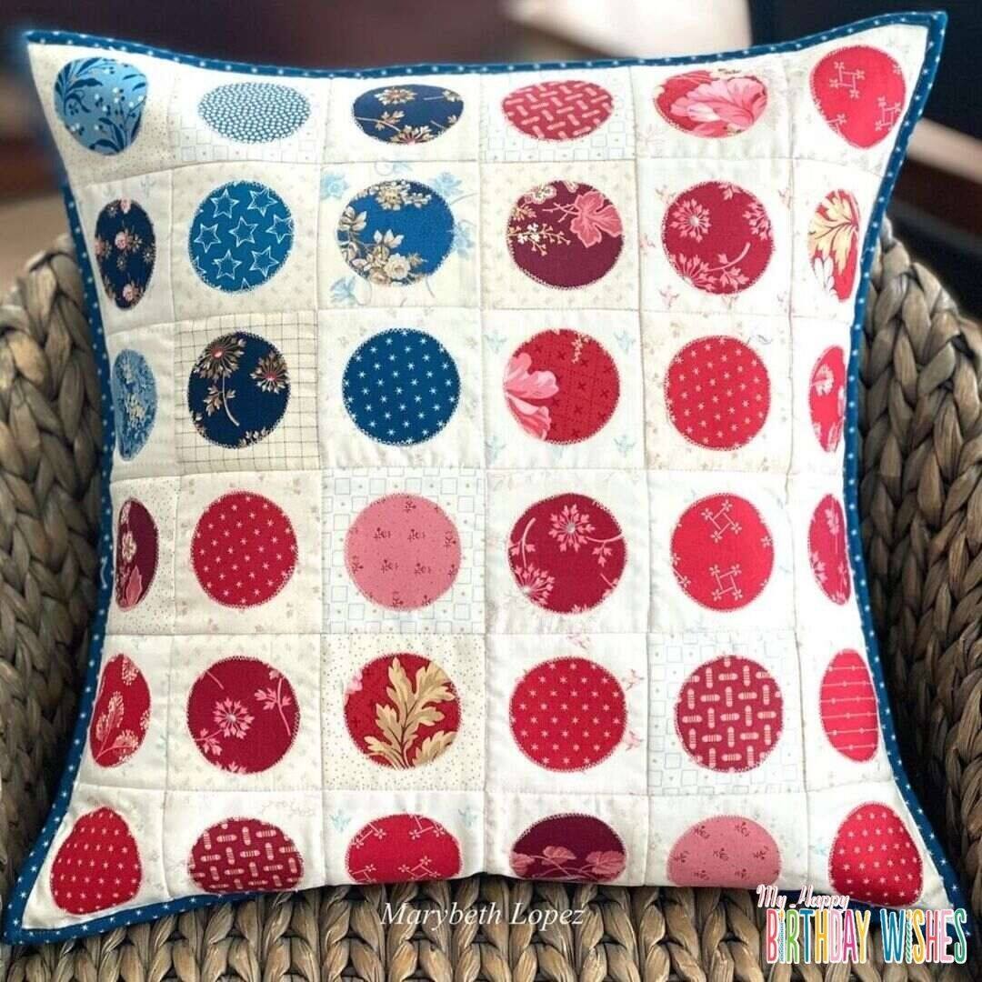 Pillow Case Circle Pattern Quilts - Blue red circles with floral and polka designs.