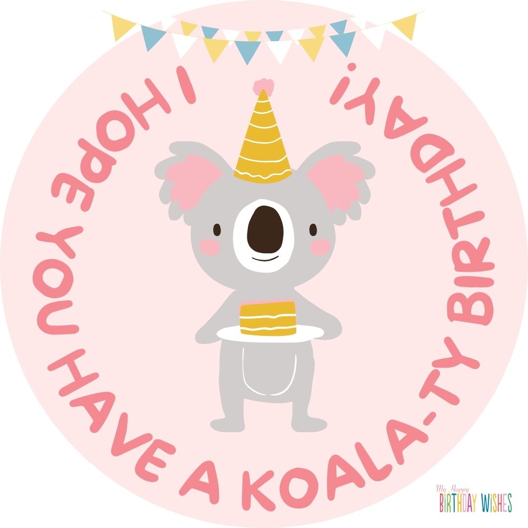 Animated koala with cake and party stuff