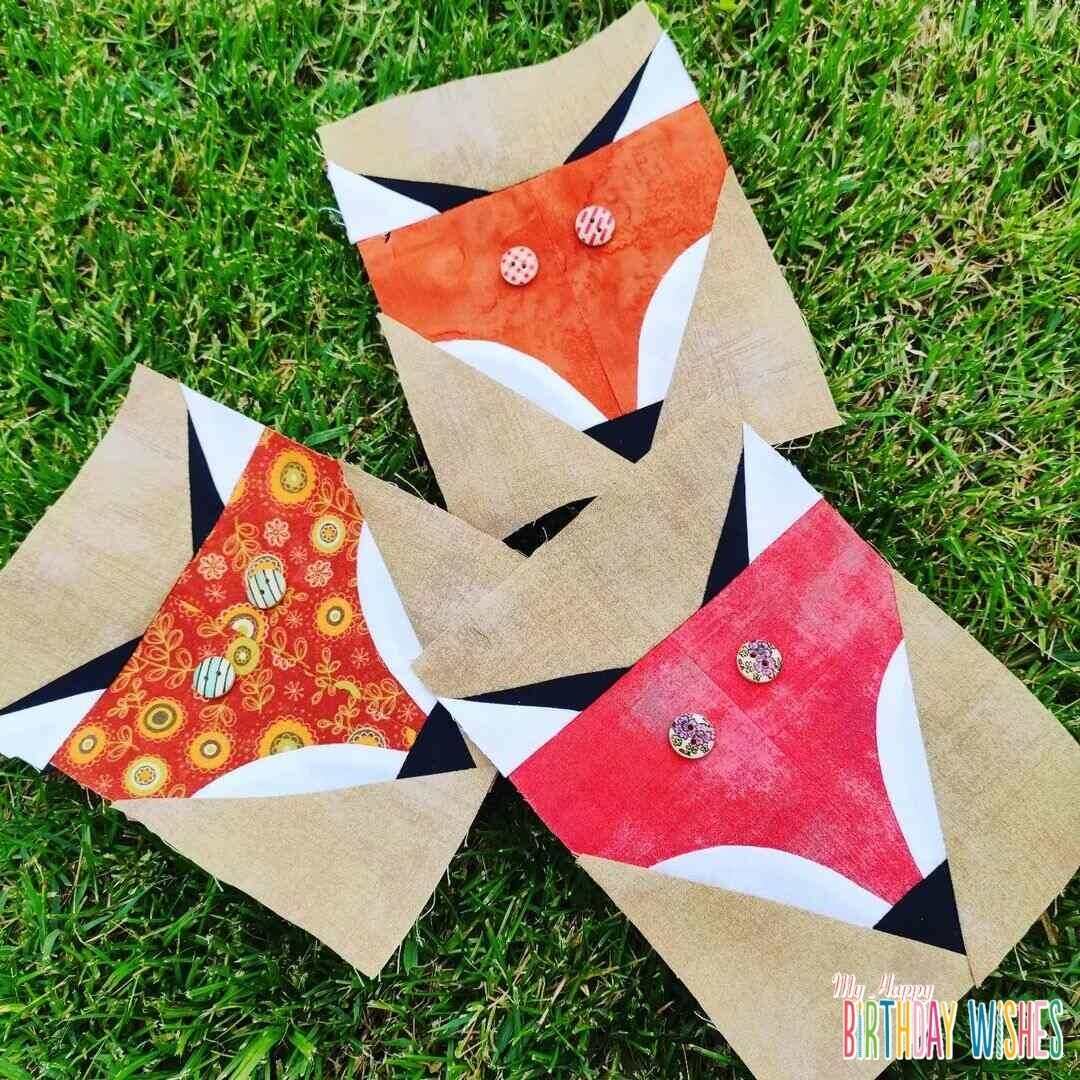 Three Blocks of Foxes Patchwork - Small foxes quilt design comes with button eyes.
