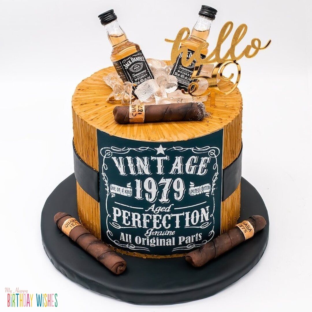 Vintage Cake for Men - a gold and brown vintage cake with alcohol bottles.