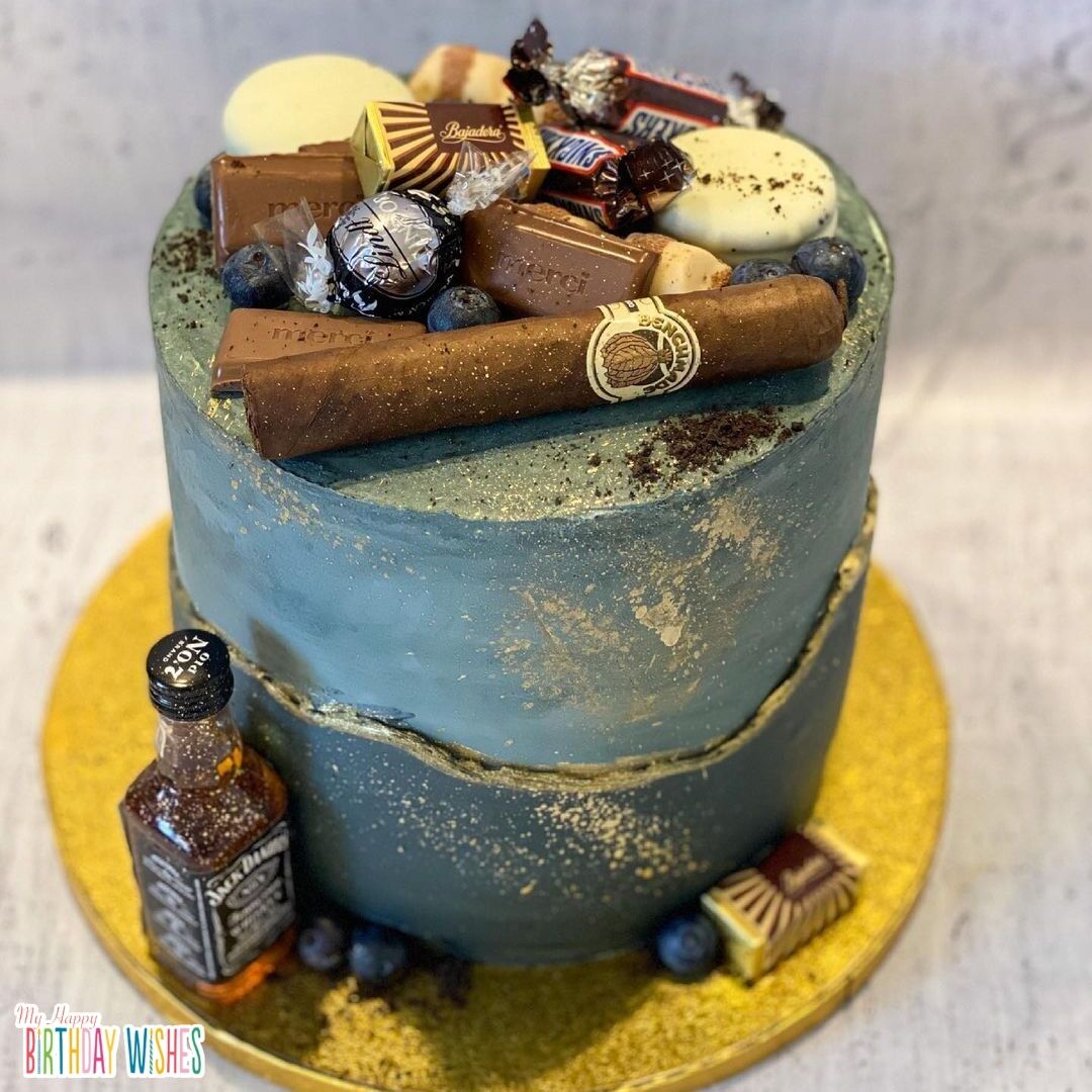 Whisky Layer Cake with Tobacco - is a cake for men with tobacco and chocolates on top.