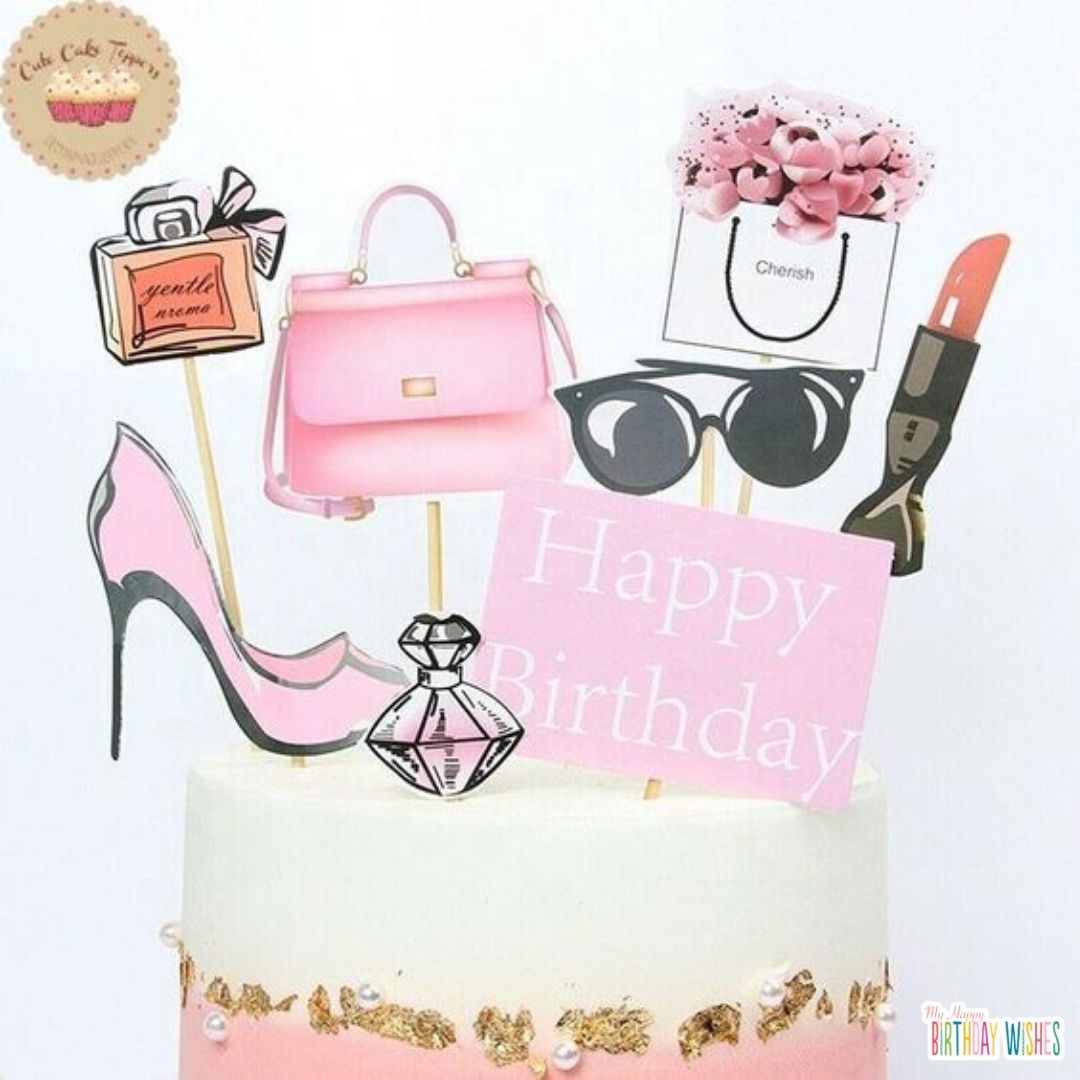 Birthday Cake with gold, lipstick, bag, perfume, and sandals decor
