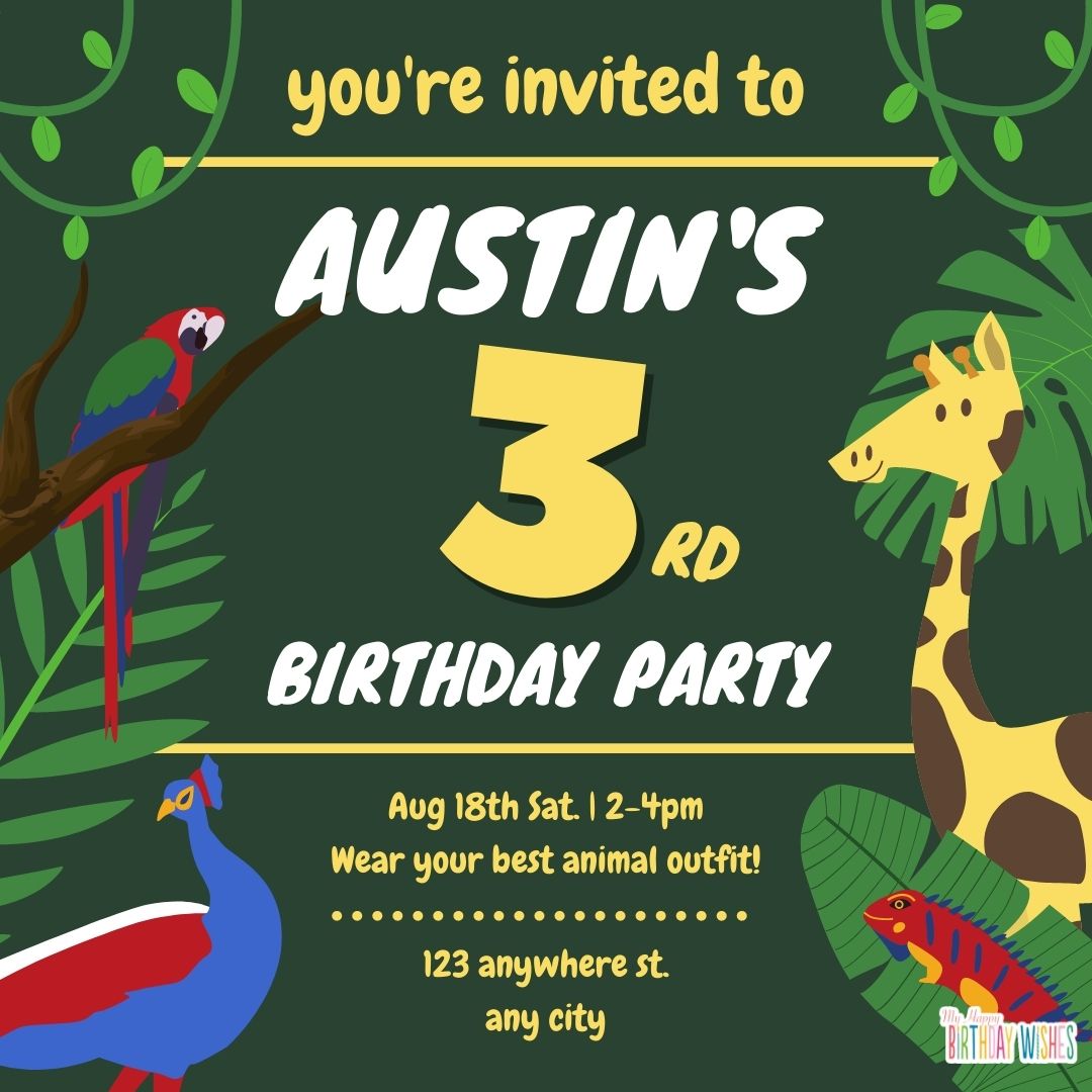 jungle party birthday invitation card