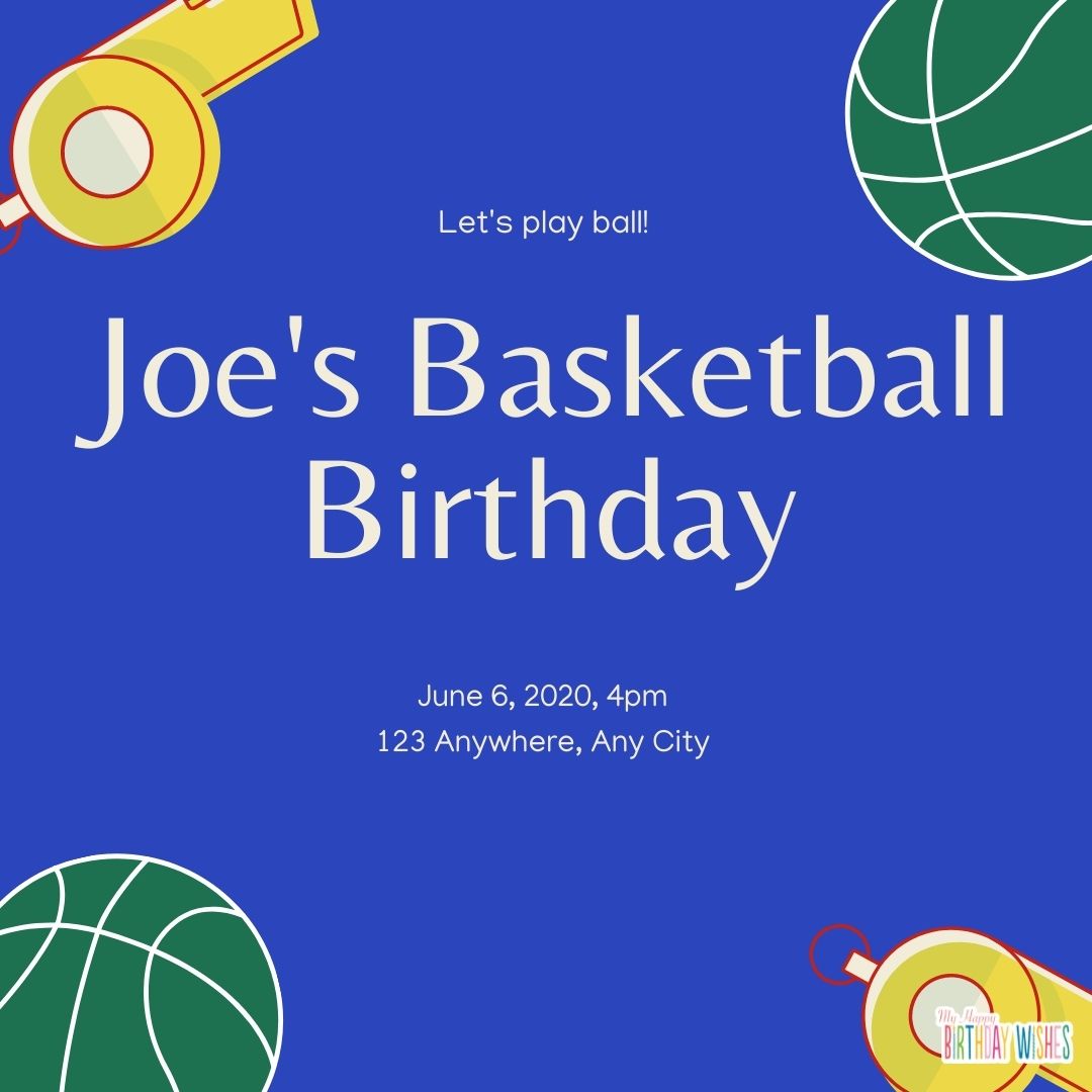 Birthday Invitation Card with ball for basketball and whistle design
