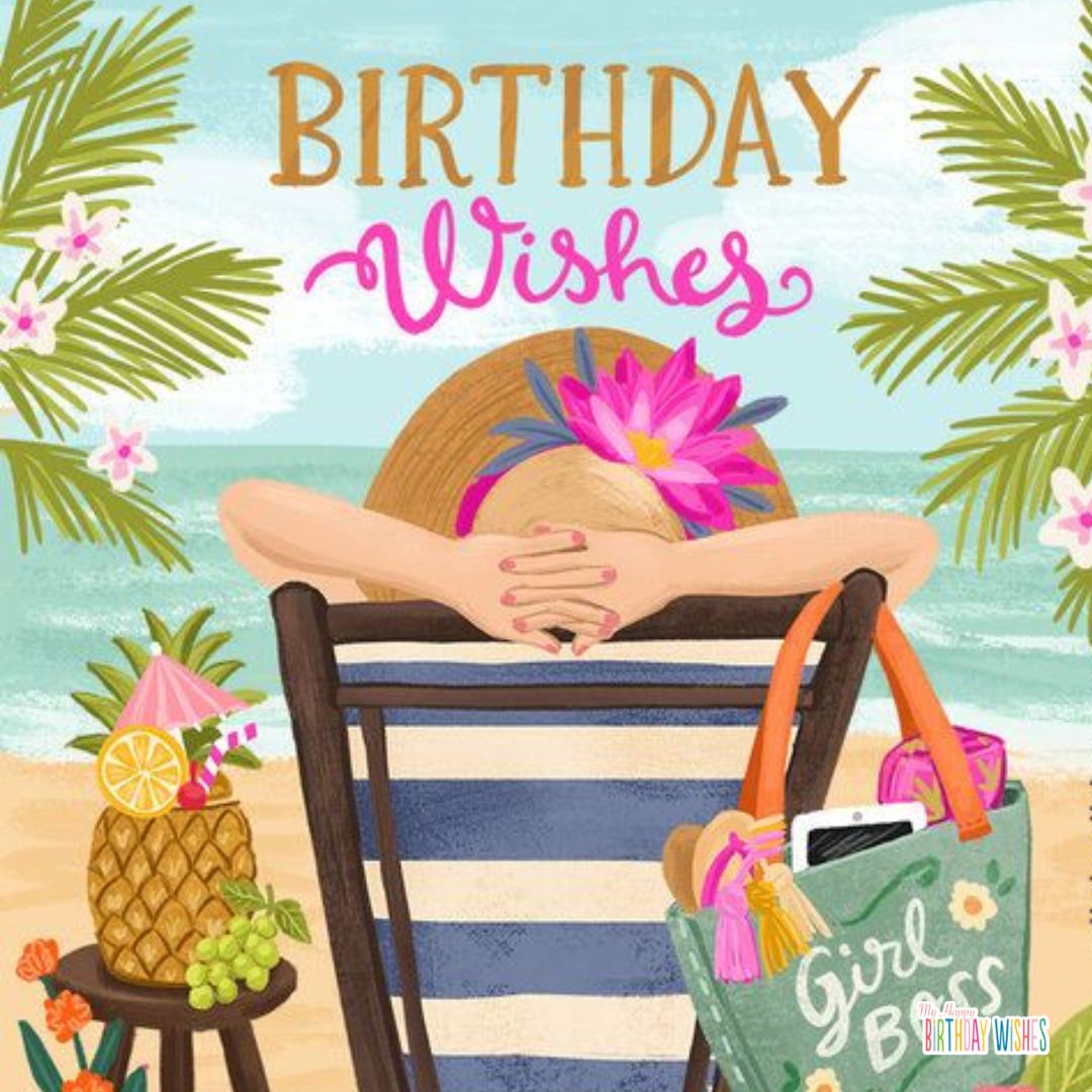 beach girl with pineapples and ocean view birthday card