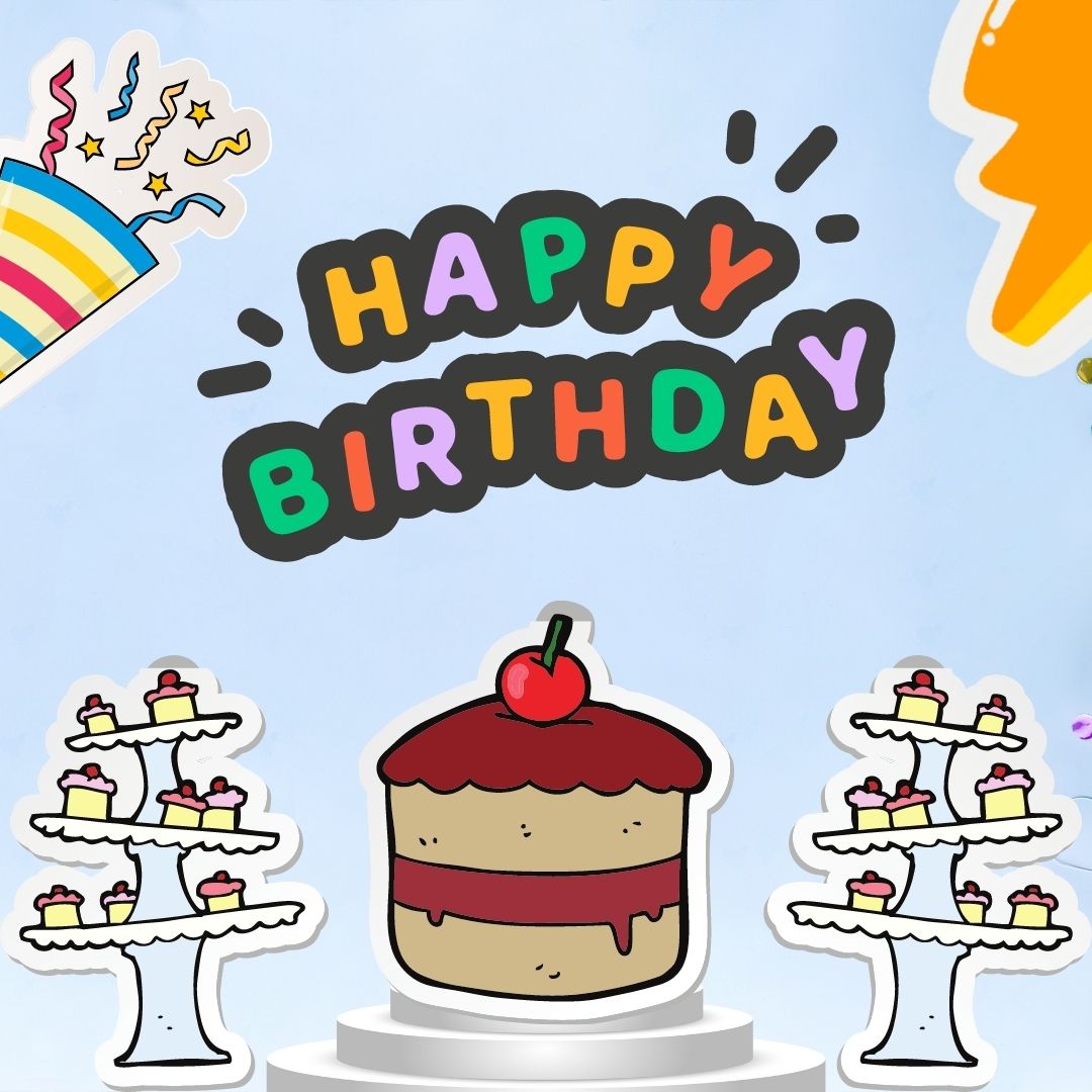 animated birthday decor design with cakes and cupcakes